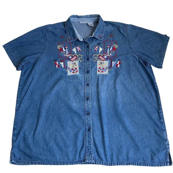 Bobbie Brooks Plus Size Vtg 90s Denim Button Shirt Embroidered Nautical Beachy - Picture 7 of 16
